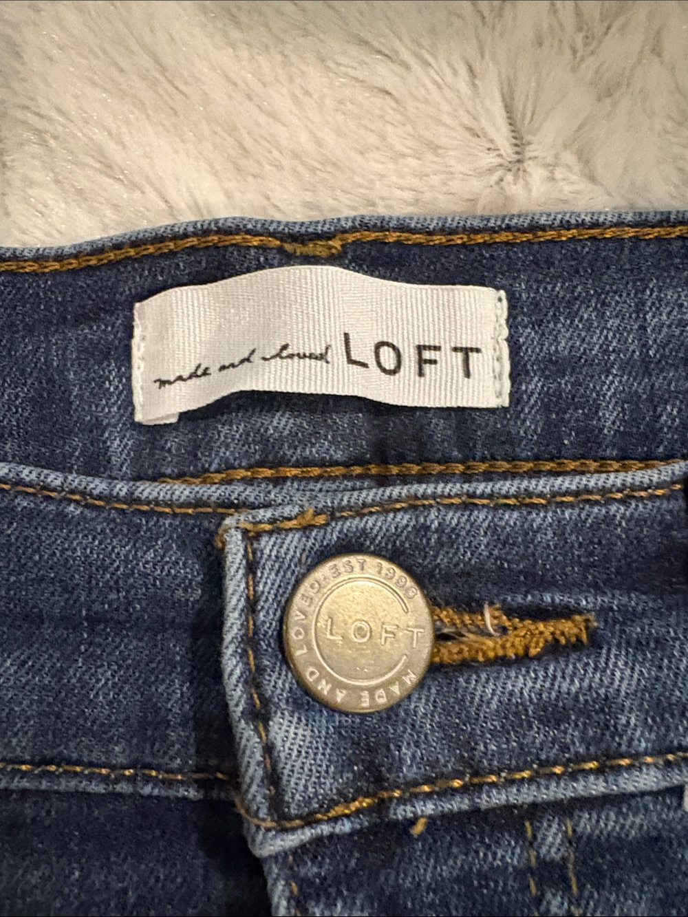LOFT Women's High-Rise Dark Blue Denim Jeans with Gold Stitching